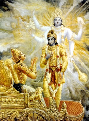 Krishna mostra Sua forma de Narayana com 4 braos para Arjuna