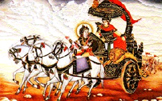 Sri Krishna e Arjuna na quadriga com o estandarte de Hanuman